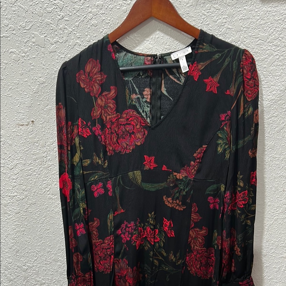Leith red and black Floral V-Neck long sleeve mini dress size M GUC.. - Picture 7 of 16